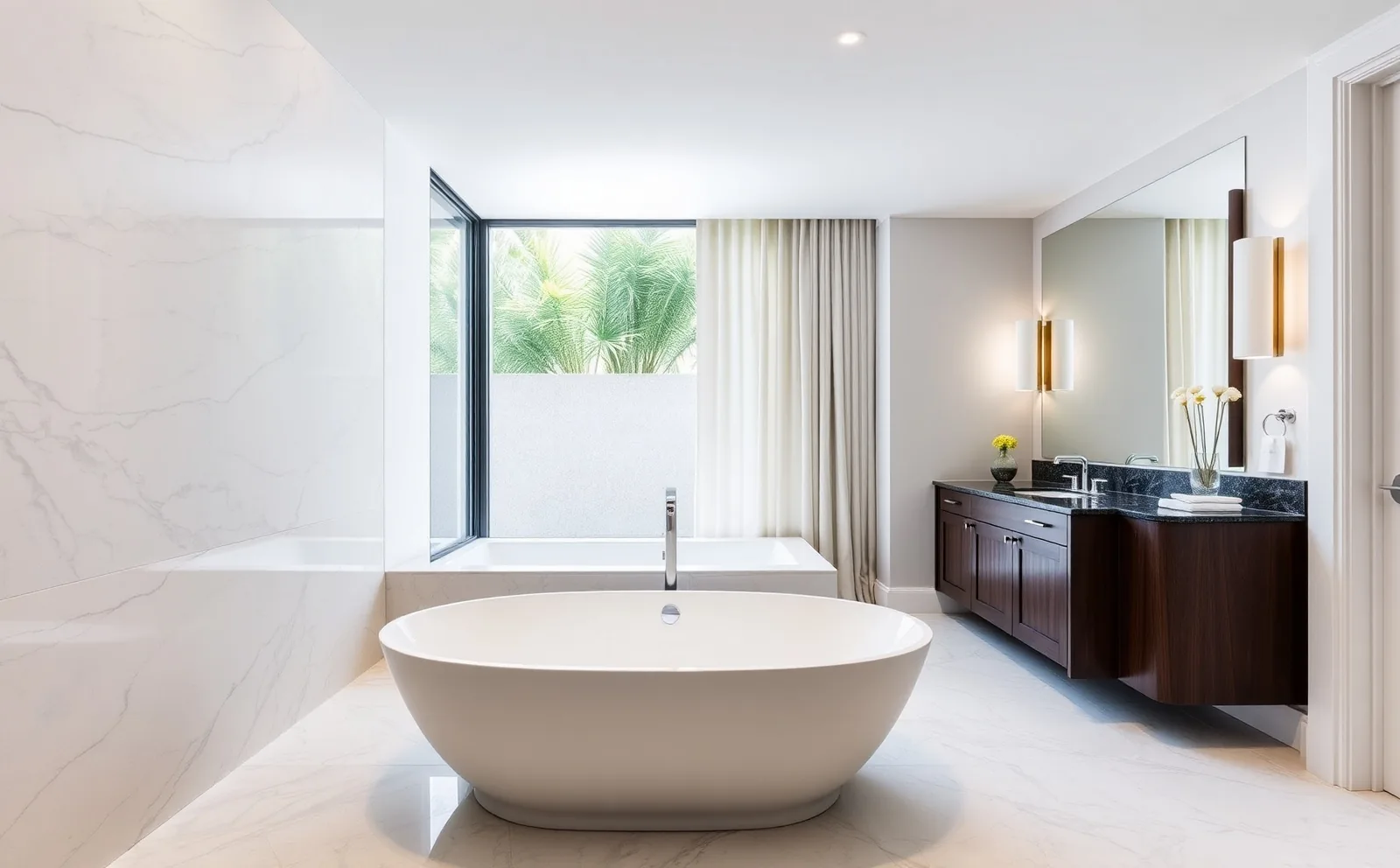 Schluter waterproofing, a flush linear drain, and ceiling-mounted rainfall head in a Coral Gables master bath renovation by Haven. Haven bathrooms in Coral Gables, FL — large-format tile being set in a walk-in shower with linear drain