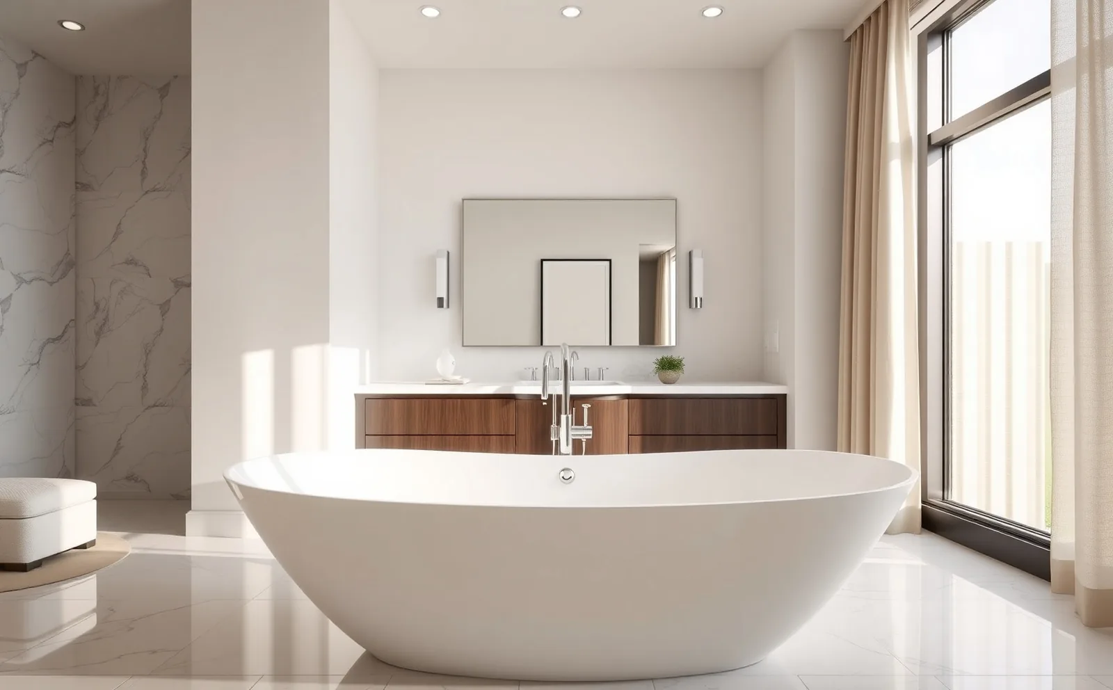 Full remodel results — tile, vanity, fixtures, lighting Haven bathrooms in Cutler Bay, FL — large-format tile being set in a walk-in shower with linear drain