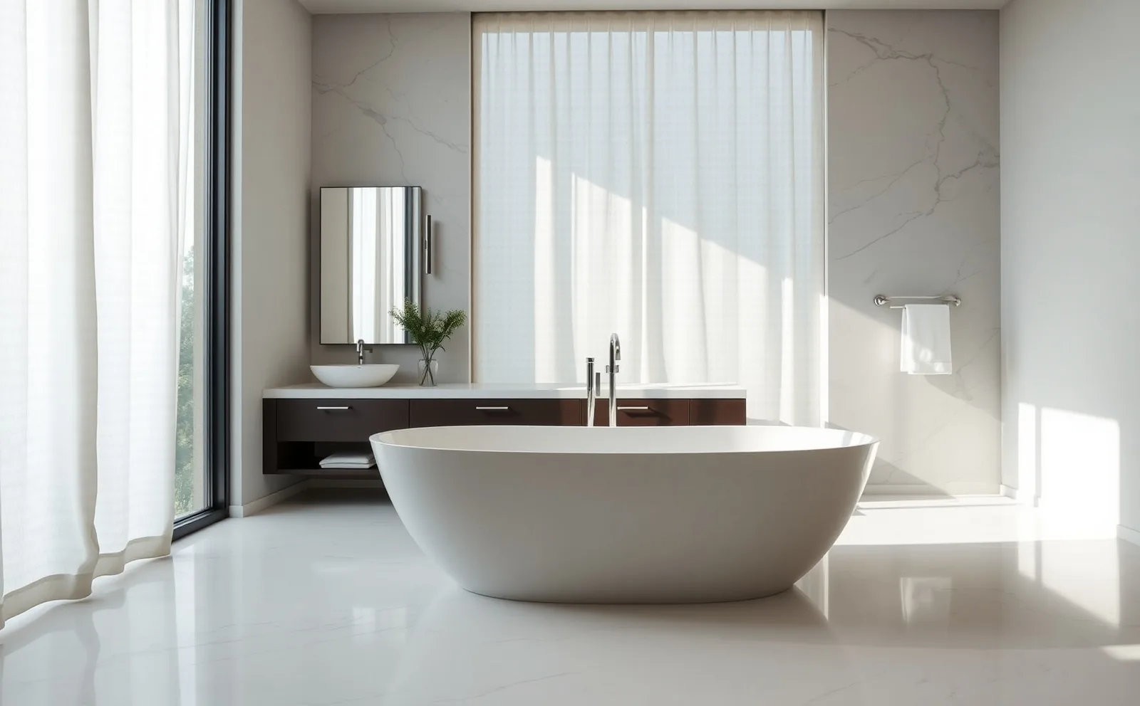 Before-and-after: a Palm Springs neighborhood home in Hialeah went from a dated tub surround to a fully tiled, frameless walk-in shower in five days. Haven bathrooms in Hialeah, FL — large-format tile being set in a walk-in shower with linear drain