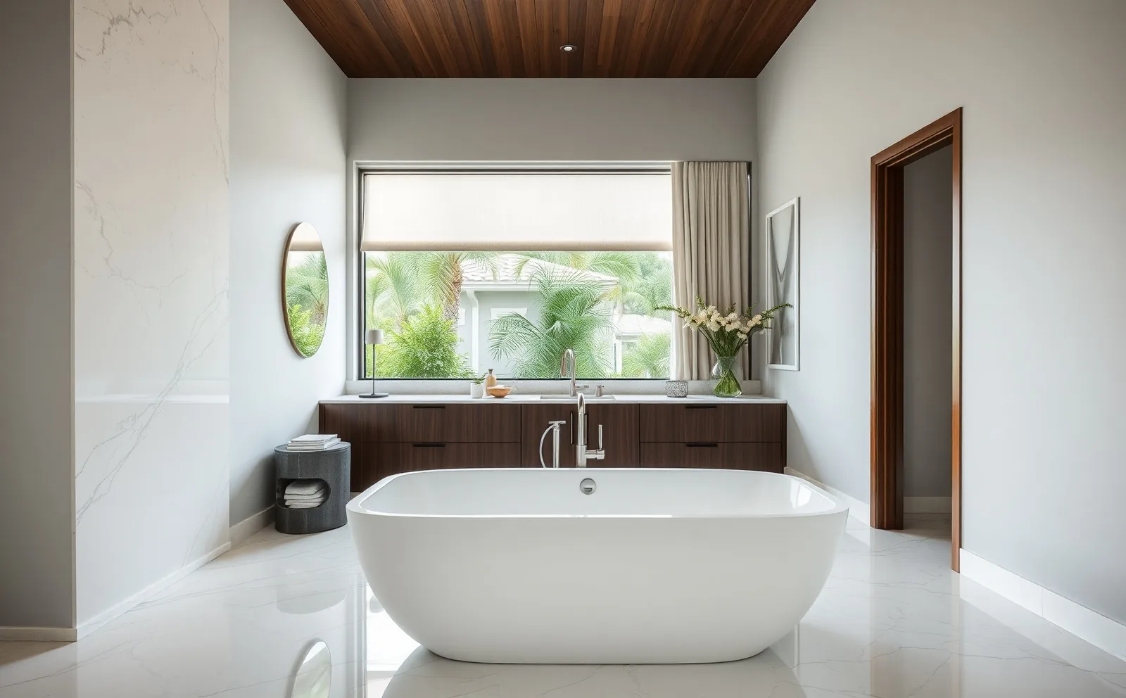 A curbless walk-in shower with linear drain and floor-to-ceiling custom tile installed by Haven in a master-planned home in The Hammocks, Kendall. Haven bathrooms in Kendall, FL — large-format tile being set in a walk-in shower with linear drain