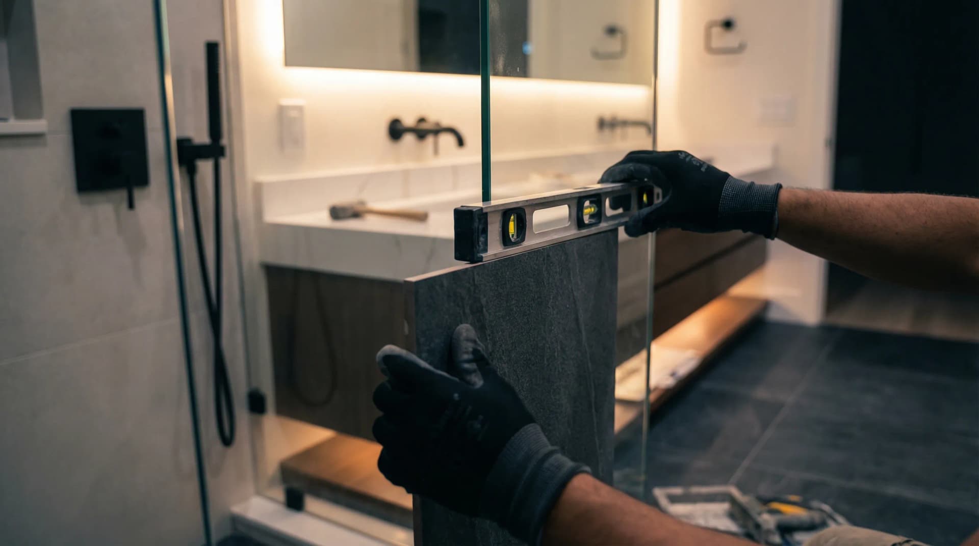 A curbless walk-in shower with large-format porcelain tile, frameless glass, and a ceiling-mounted rainfall head — installed by Haven in a Miami Beach condo. Bathroom Remodeling in Miami Beach, FL — mid 1 photo by Haven in Miami Beach, FL