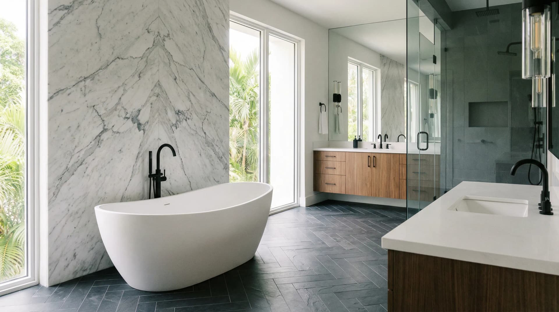 Zero-threshold curbless entry with a stainless linear drain and custom mosaic tile accent wall, completed in a North Beach single-family home by Haven's in-house crew. Bathroom Remodeling in Miami Beach, FL — mid 2 photo by Haven in Miami Beach, FL