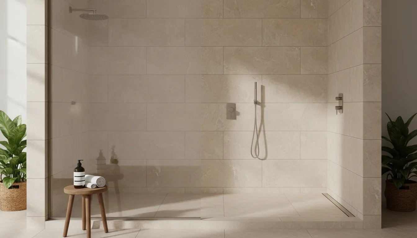 A Haven-installed walk-in shower featuring large-format porcelain tile, a frameless glass panel, and a linear drain — designed for South Florida's humidity. Custom Tile Work Built for the Florida Climate — Haven Bathrooms & Kitchens