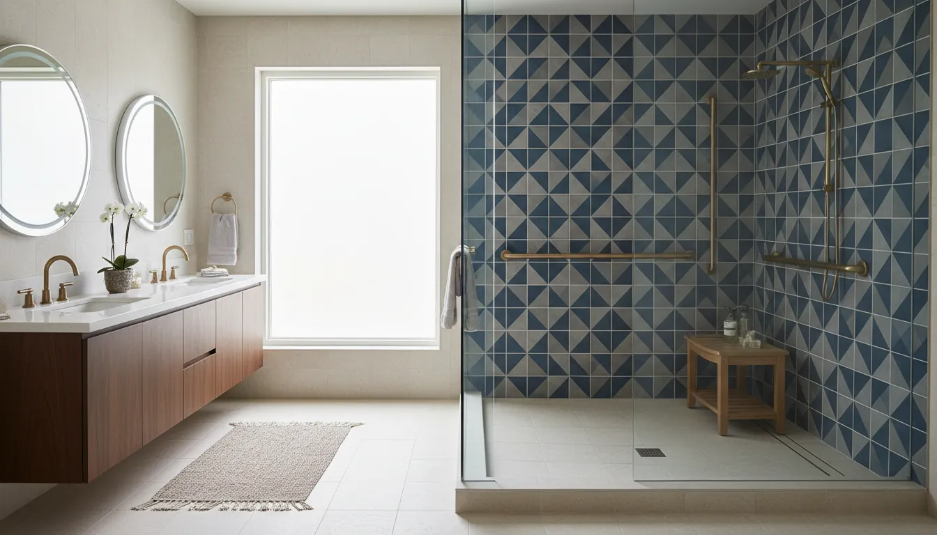 A Haven accessibility upgrade featuring a curbless barrier-free shower with decorative tile, integrated grab bars, and non-slip porcelain flooring — elegant and fully ADA-compliant. Accessibility and Luxury — Not a Tradeoff — Haven Bathrooms & Kitchens