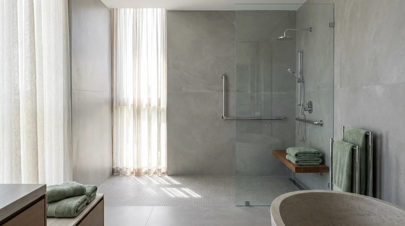Curbless shower with ADA grab bars and non-slip tile Haven Accessibility in South Florida — waterproofing membrane installation on shower walls