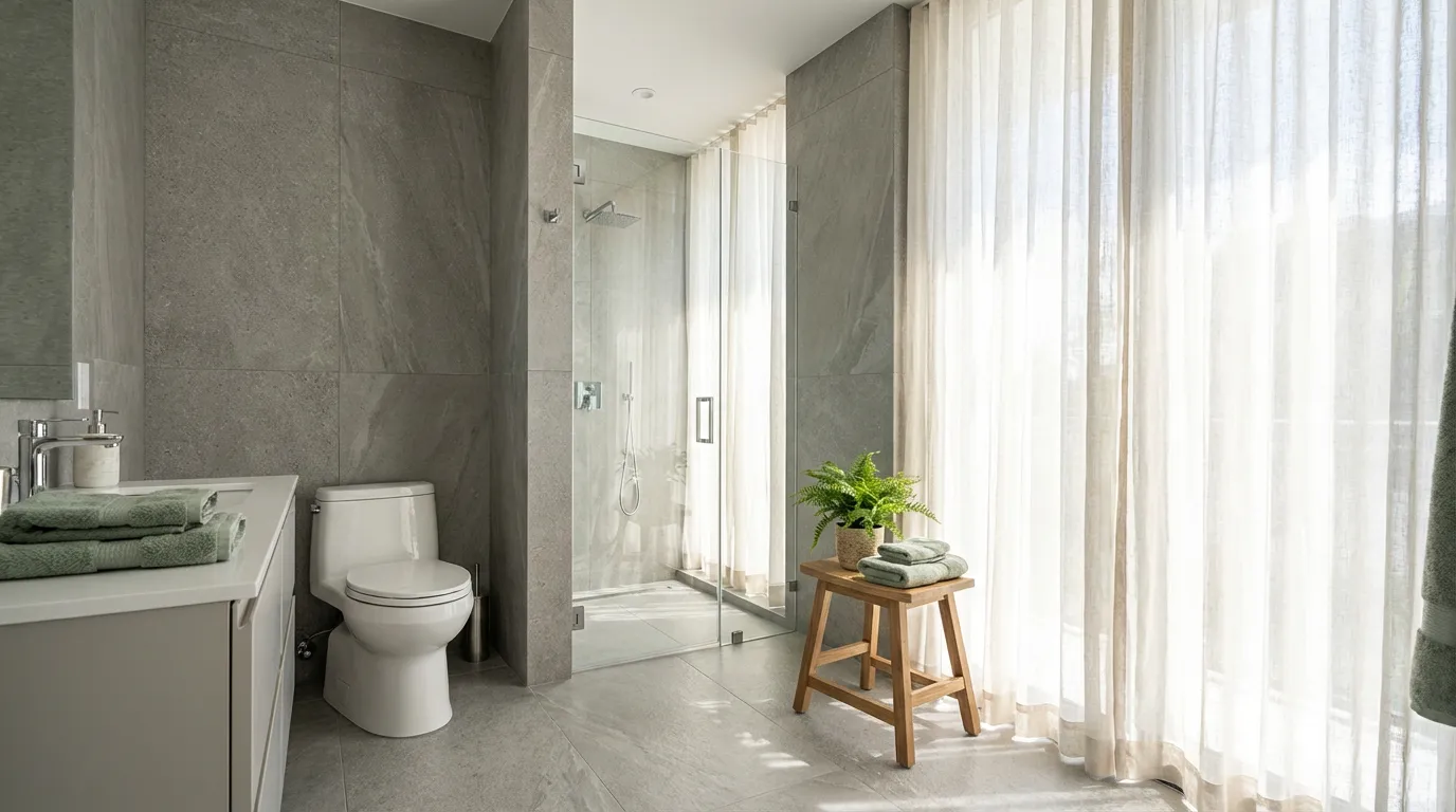 Comfort-height toilet with non-slip porcelain tile Haven Accessibility in South Florida — tile layout and grout work in progress