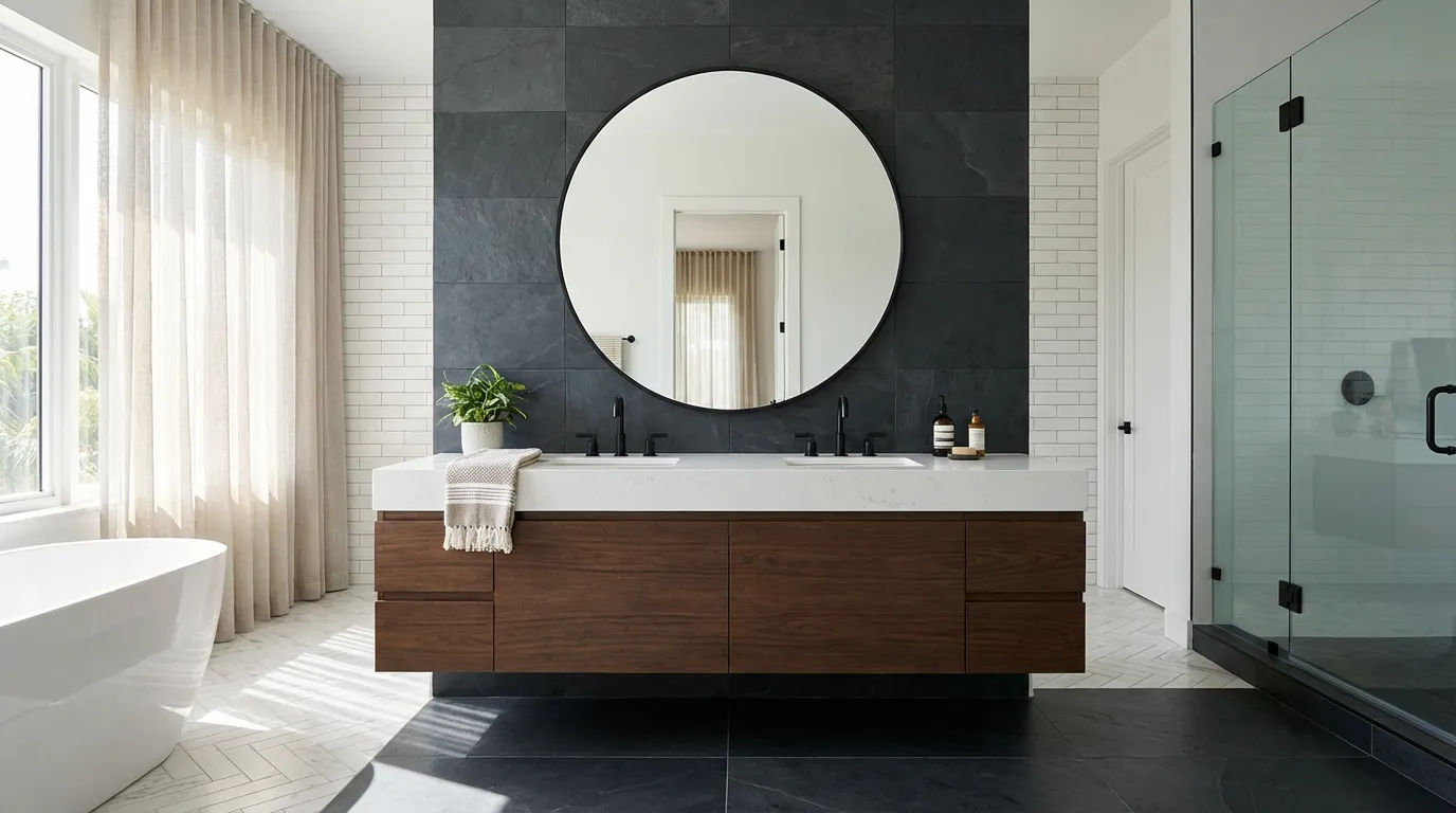 Large-format tile and floating vanity — a popular combo Haven Full Remodel in South Florida — waterproofing membrane installation on shower walls