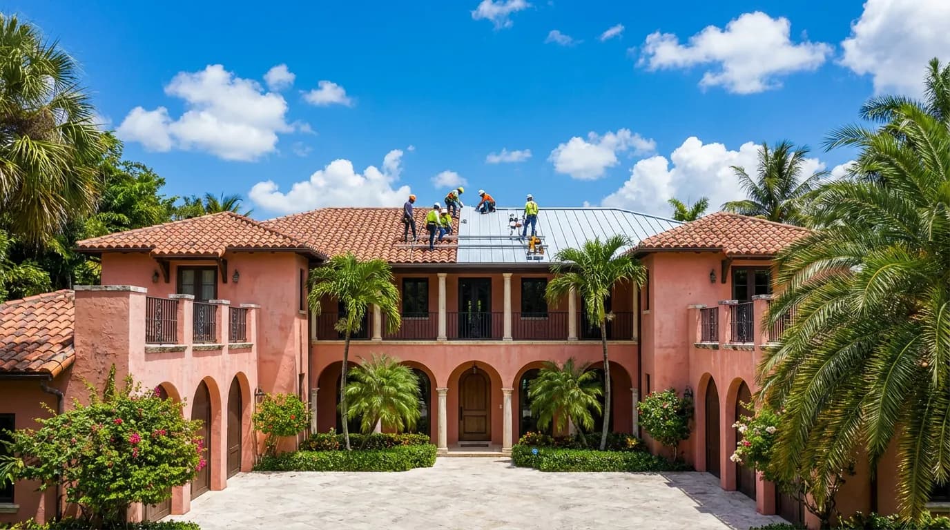 In-house crew seaming panels on a Miami-Dade home Aerial view of a completed metal roofing on a Miami, FL home showing clean seams and tropical landscaping