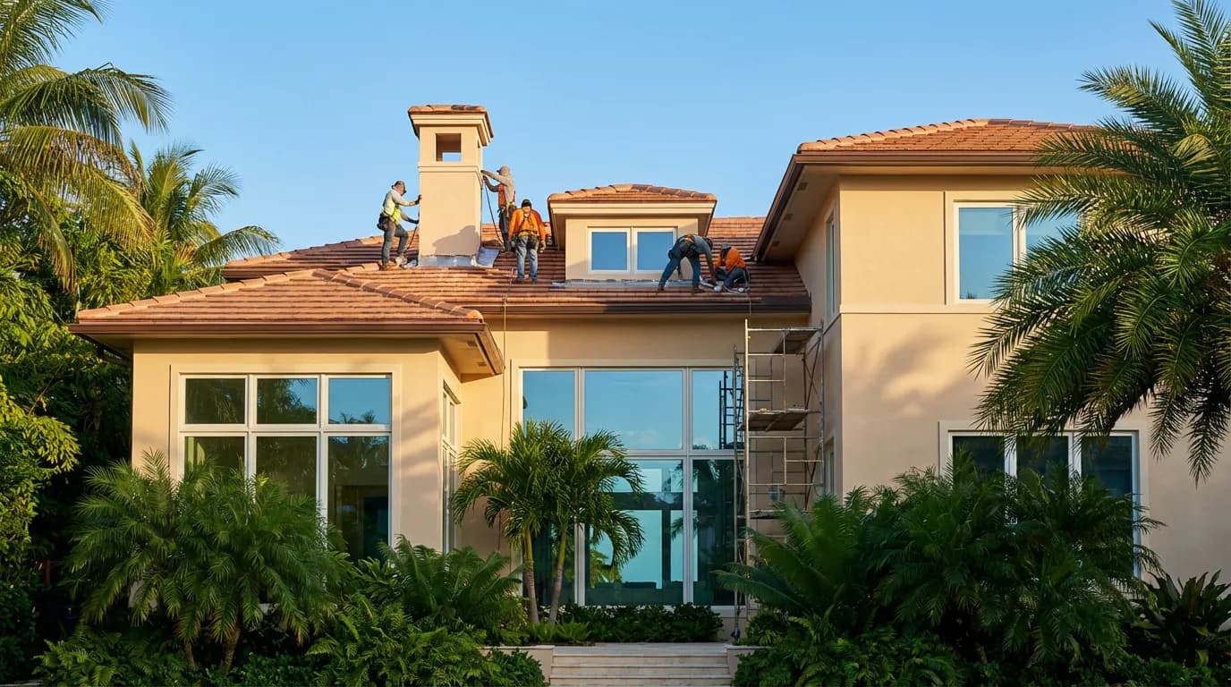 In-house crew sealing flashing on a Miami-Dade home Haven crew installing roof repair materials on a Miami, FL home — detail of underlayment and fastener pattern