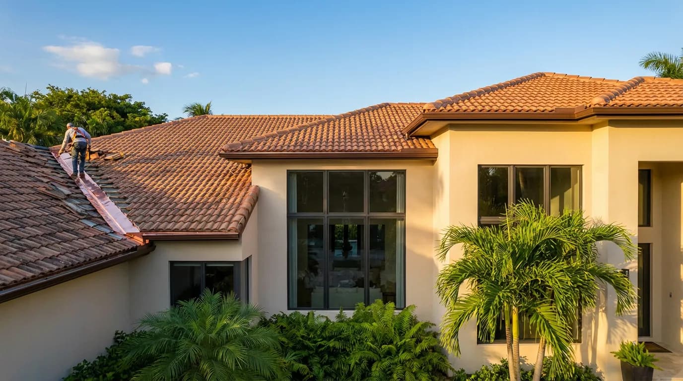 Valley flashing replacement on a Coral Gables tile roof Aerial view of a completed roof repair on a Miami, FL home showing clean seams and tropical landscaping