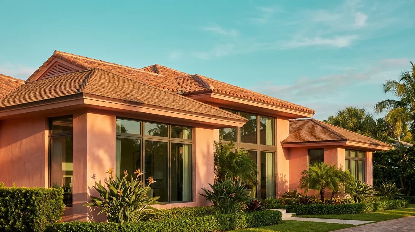 Finished architectural shingle replacement Aerial view of a completed roof replacement on a Miami, FL home showing clean seams and tropical landscaping