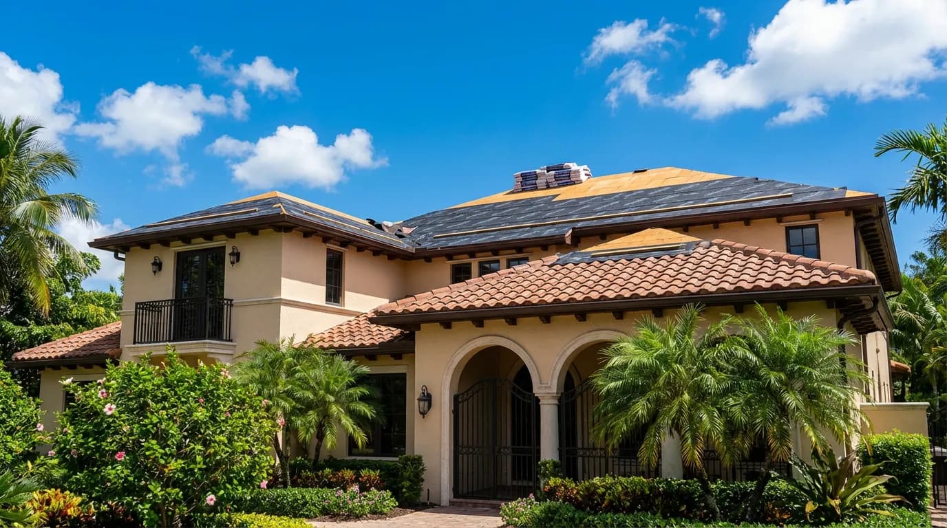 Peel-and-stick underlayment installed over inspected decking Haven crew installing shingle roof replacement materials on a Miami, FL home — detail of underlayment and fastener pattern