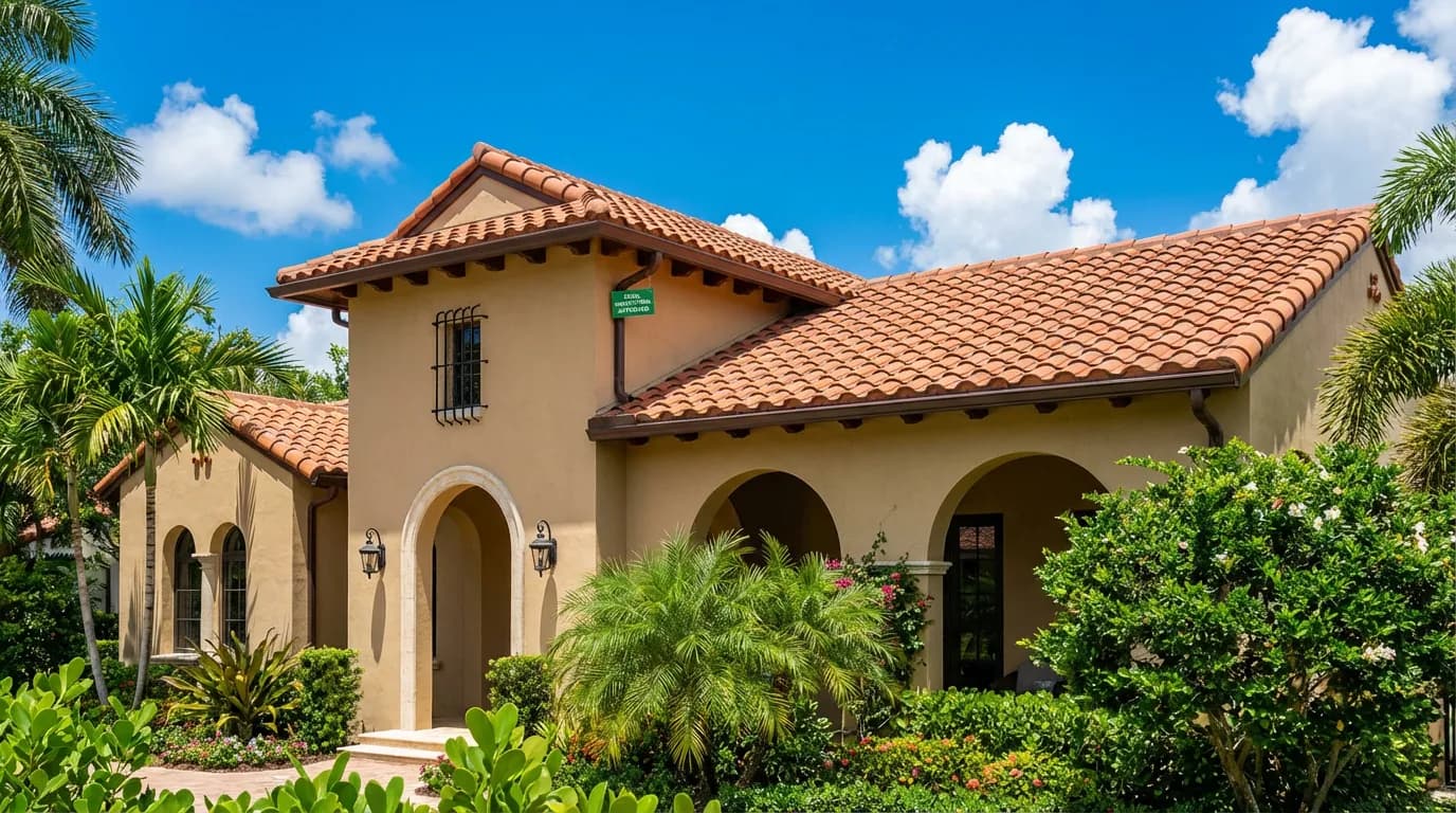 Architectural shingles after final county inspection Aerial view of a completed shingle roof replacement on a Miami, FL home showing clean seams and tropical landscaping