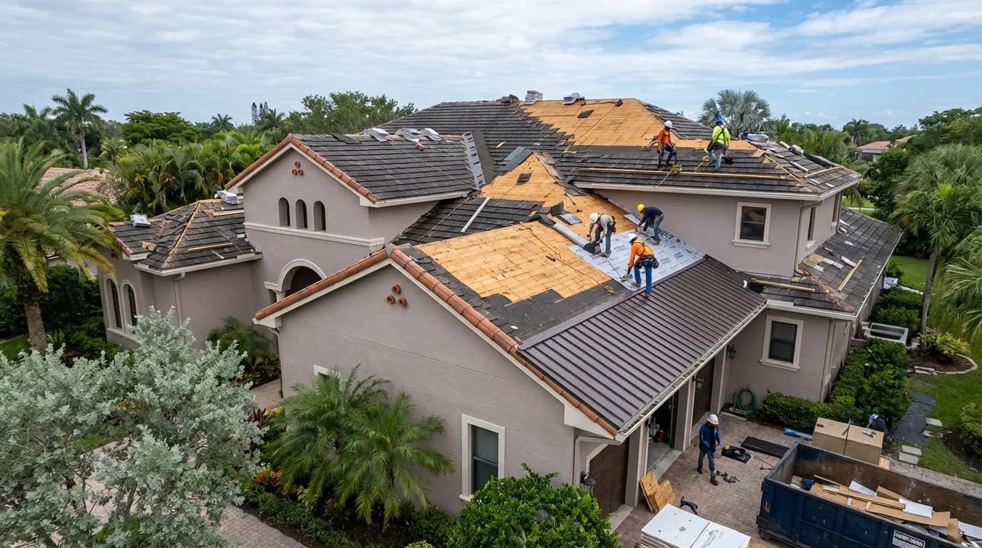 Deck prep before shingle install in Miami-Dade Aerial view of a completed shingle roofing on a Miami, FL home showing clean seams and tropical landscaping