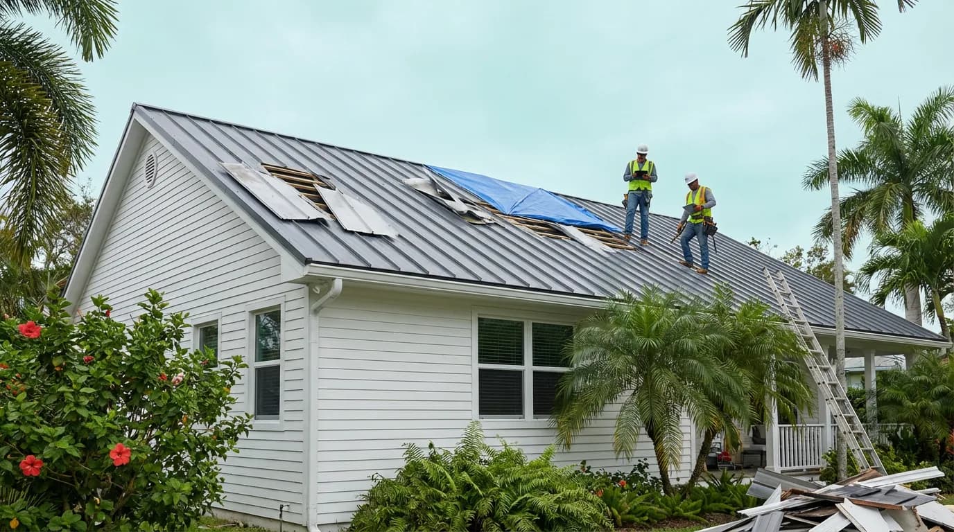 Post-storm roof inspection before tarping and restoration Haven crew installing storm damage restoration materials on a Miami, FL home — detail of underlayment and fastener pattern