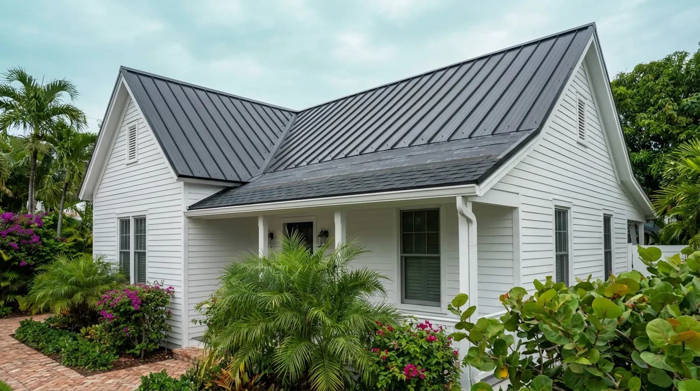 HVHZ-rated underlayment and shingles after storm repair Aerial view of a completed storm damage restoration on a Miami, FL home showing clean seams and tropical landscaping