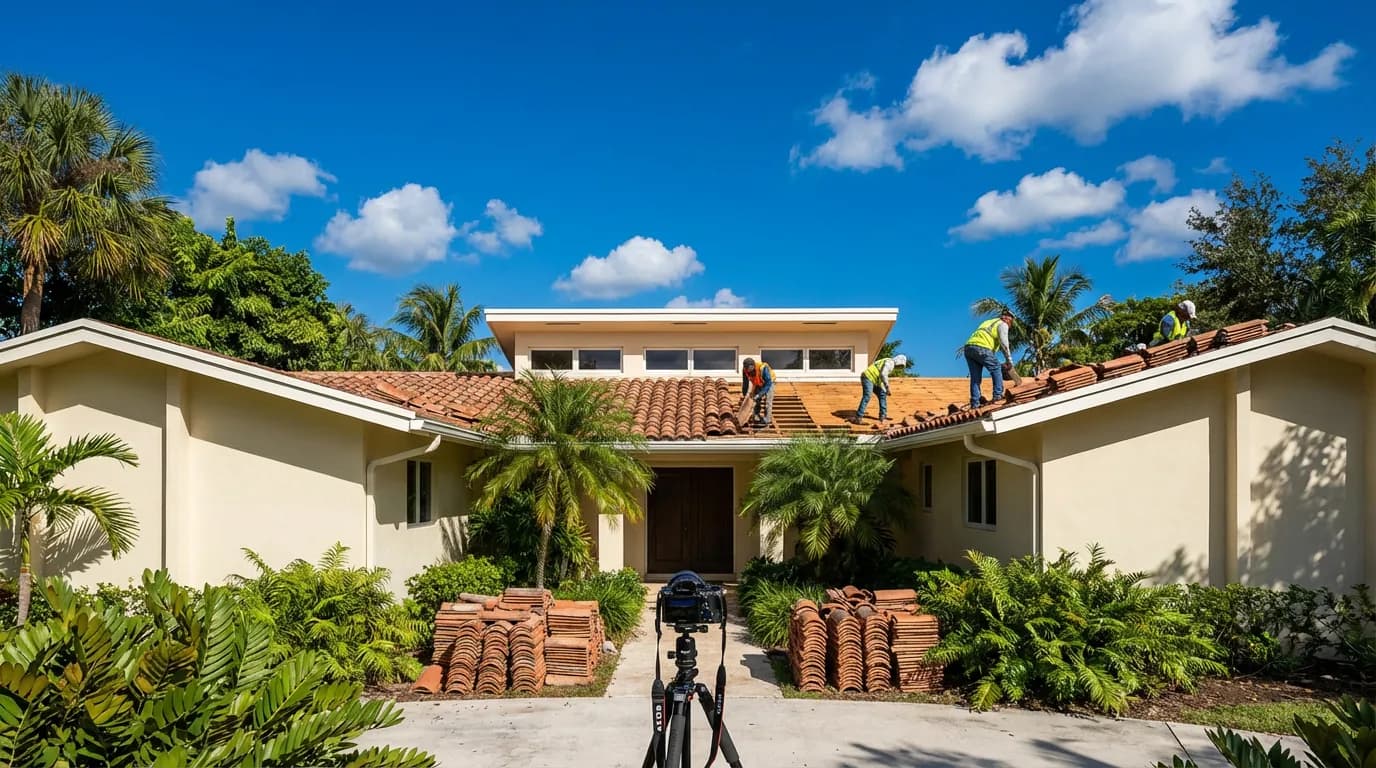 Barrel tile tear-off before new underlayment install Haven crew installing tile roof replacement materials on a Miami, FL home — detail of underlayment and fastener pattern