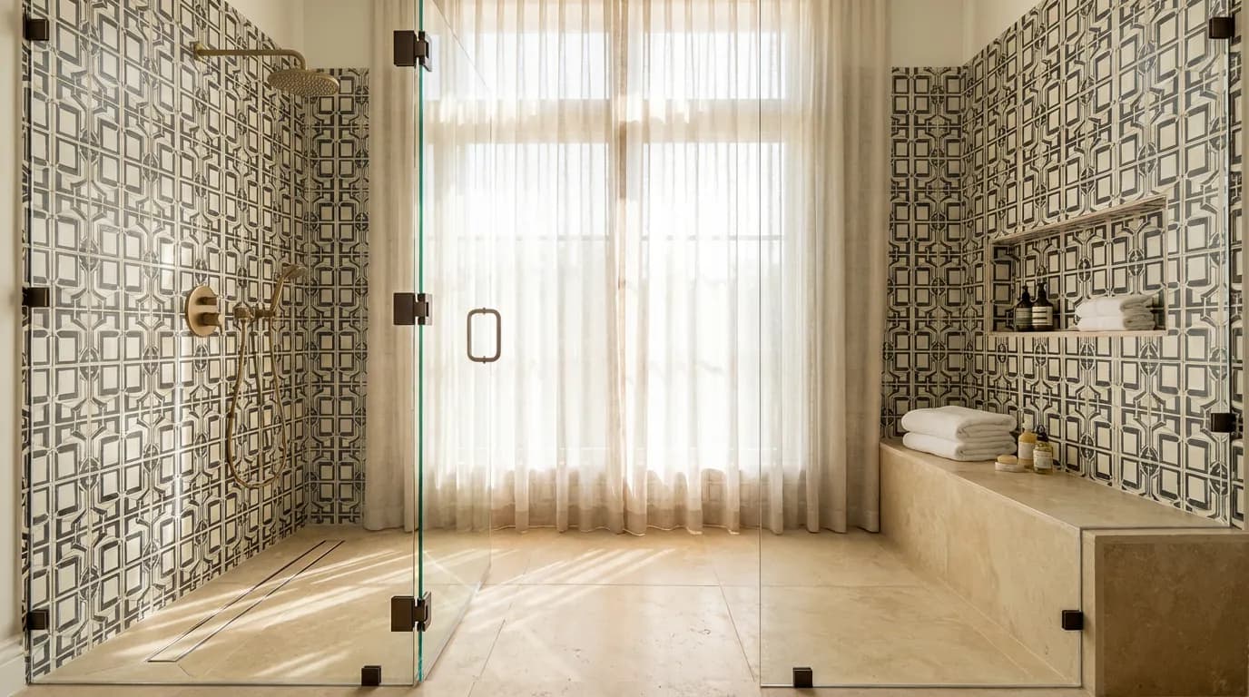 Curbless linear-drain shower — accessible and modern Haven Tub To Shower in South Florida — tile layout and grout work in progress