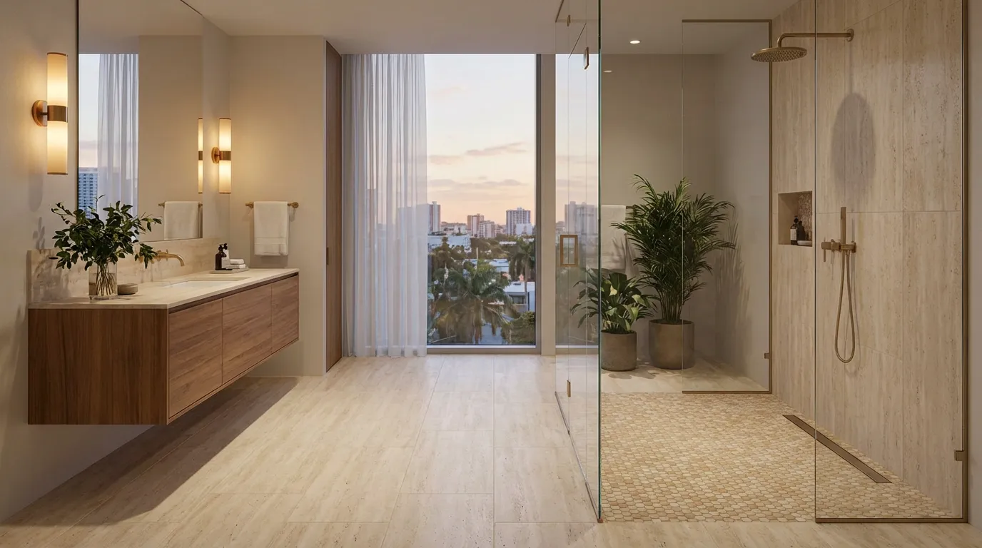 Porcelain plank tile with penny mosaic floor Haven Walk In Shower in South Florida — tile layout and grout work in progress