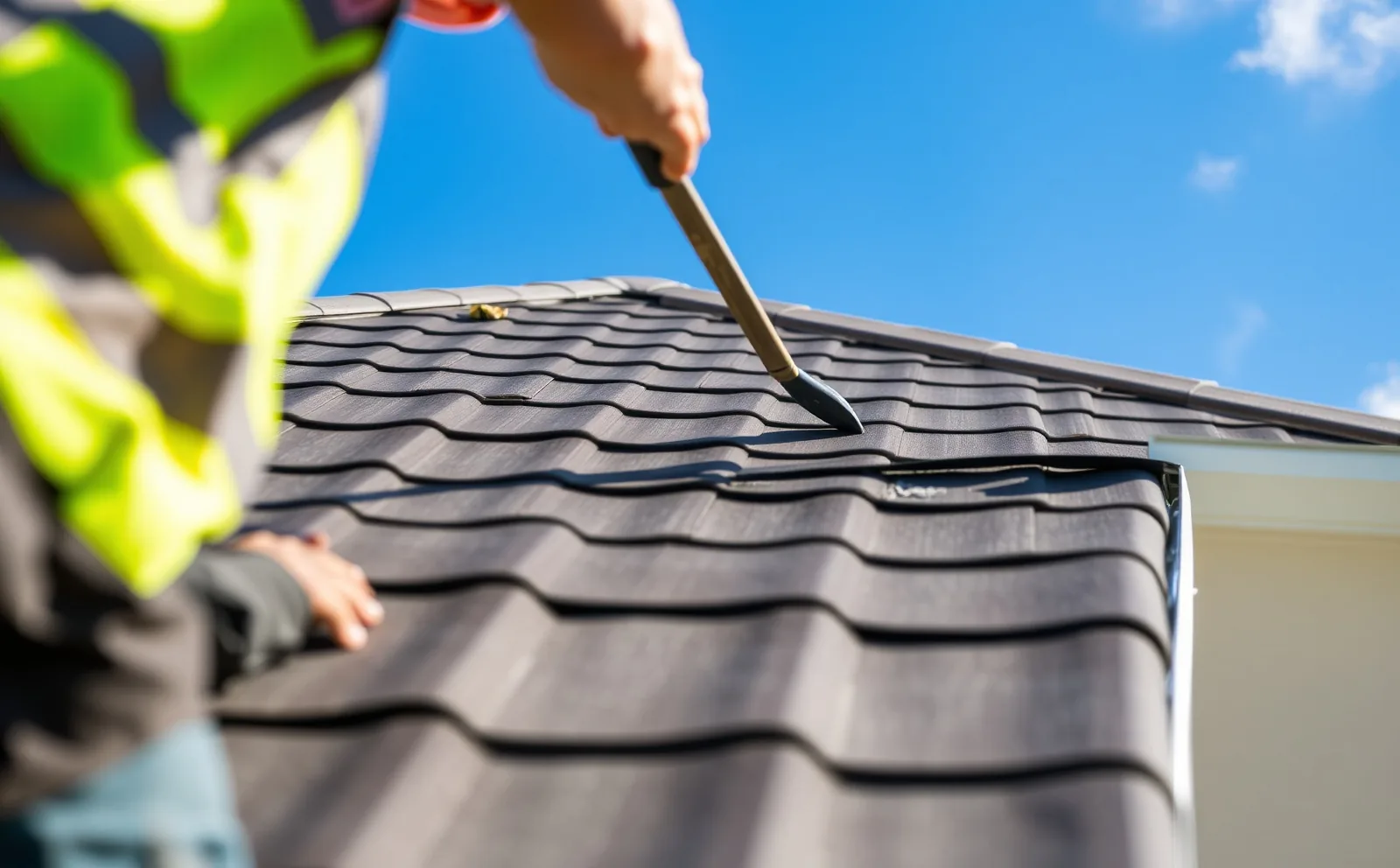 NOA-approved tile installation on an Aventura single-family home Haven roofing project in Aventura, FL — crew removing old roofing material and inspecting decking
