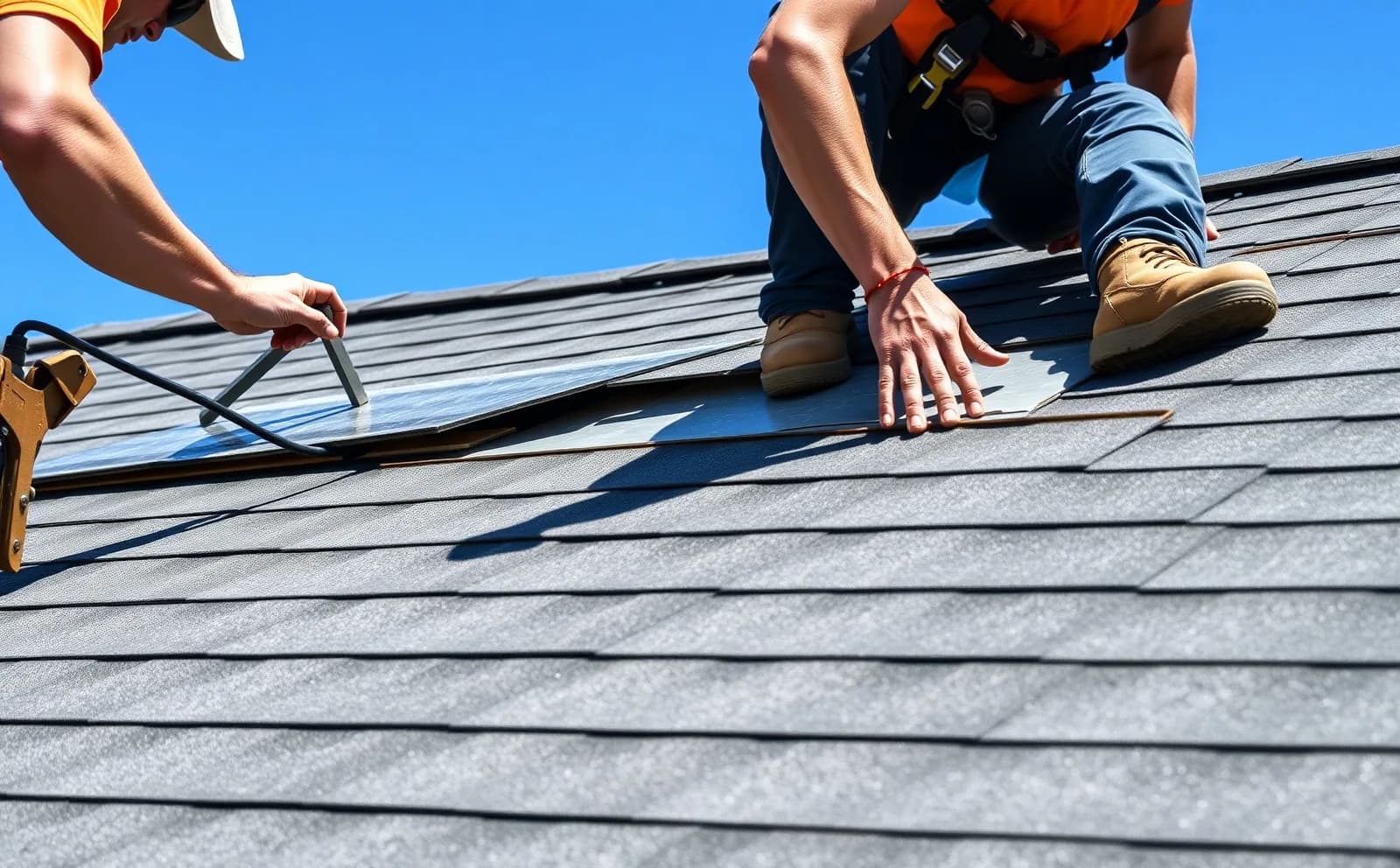 NOA-approved barrel tile on a Granada District estate Haven roofing project in Coral Gables, FL — crew removing old roofing material and inspecting decking