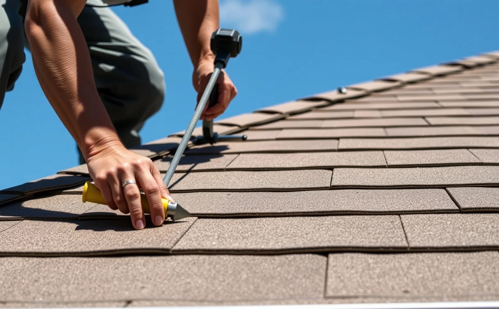 A Haven crew performs a full tear-off and HVHZ-rated shingle replacement on a Kendall home — decking inspection included before any new material is installed. Haven roofing project in Kendall, FL — crew removing old roofing material and inspecting decking