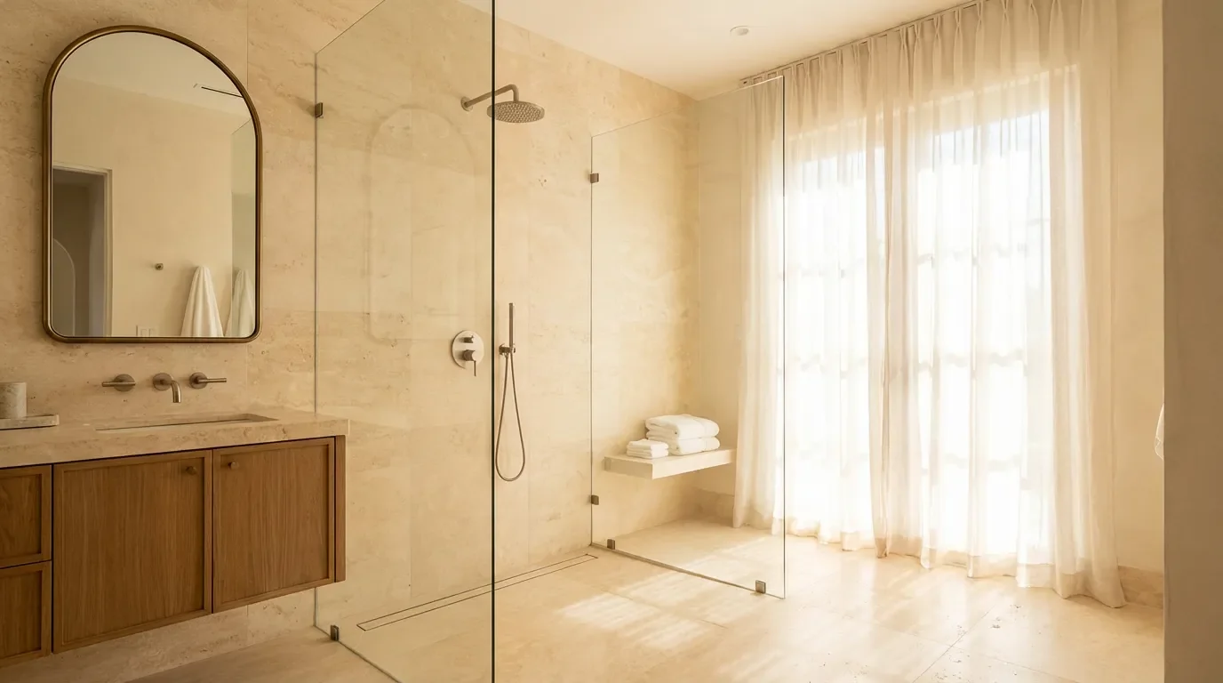 Accessible bathroom with textured non-slip flooring and layered lighting for aging in place