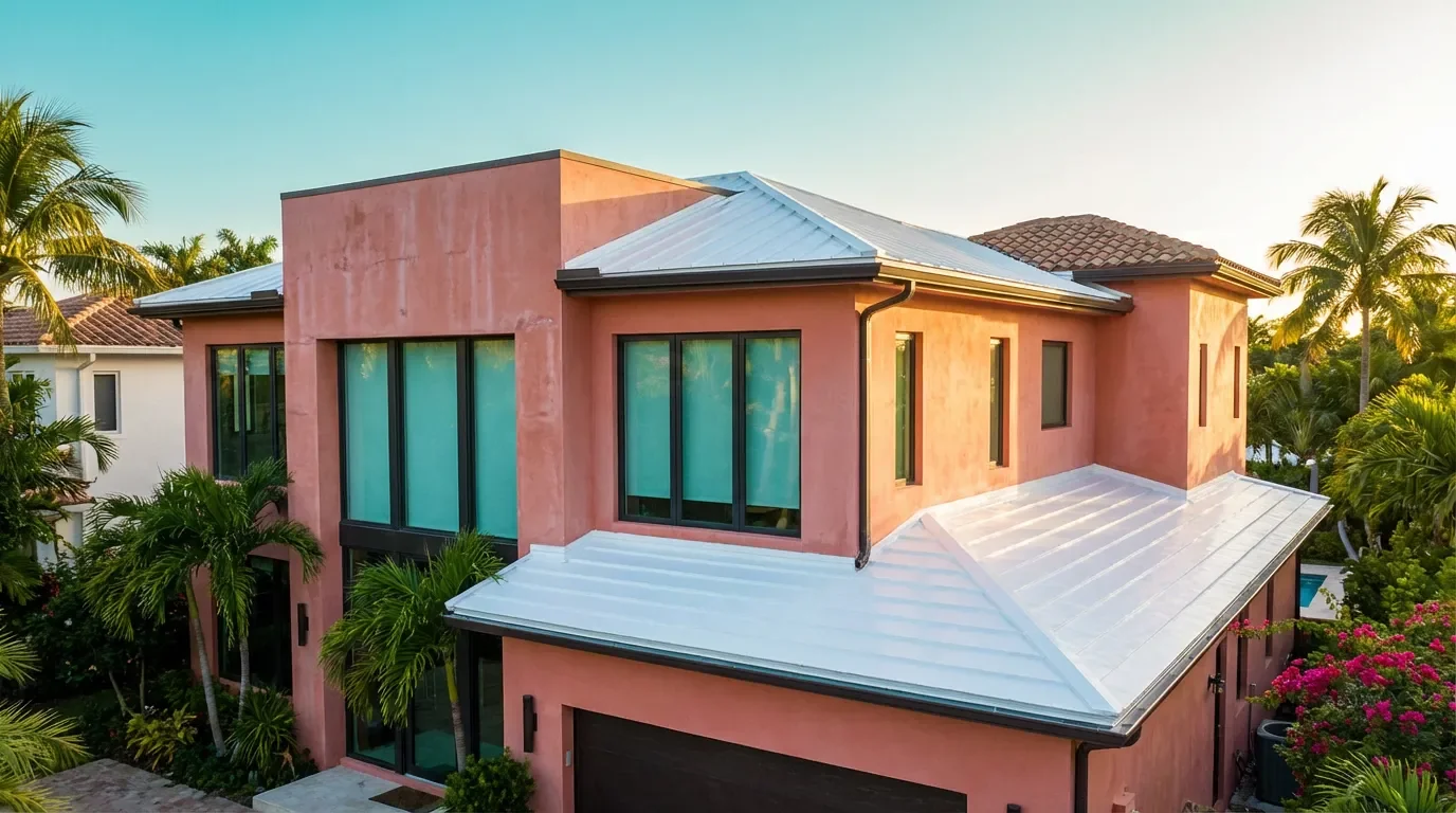 Contractor applying reflective elastomeric coating to a metal roof in South Florida