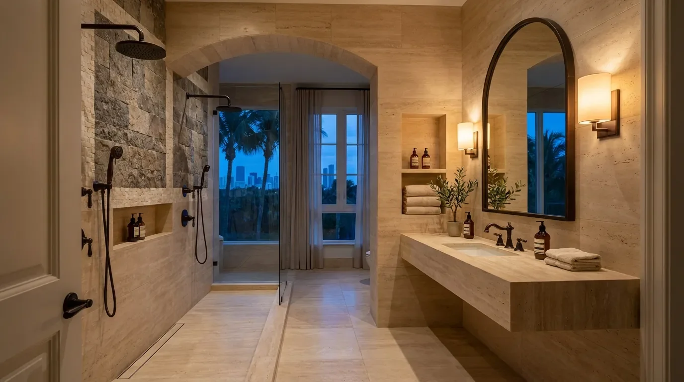 Contractor reviewing tile and fixture selections for a South Florida bathroom remodel budget
