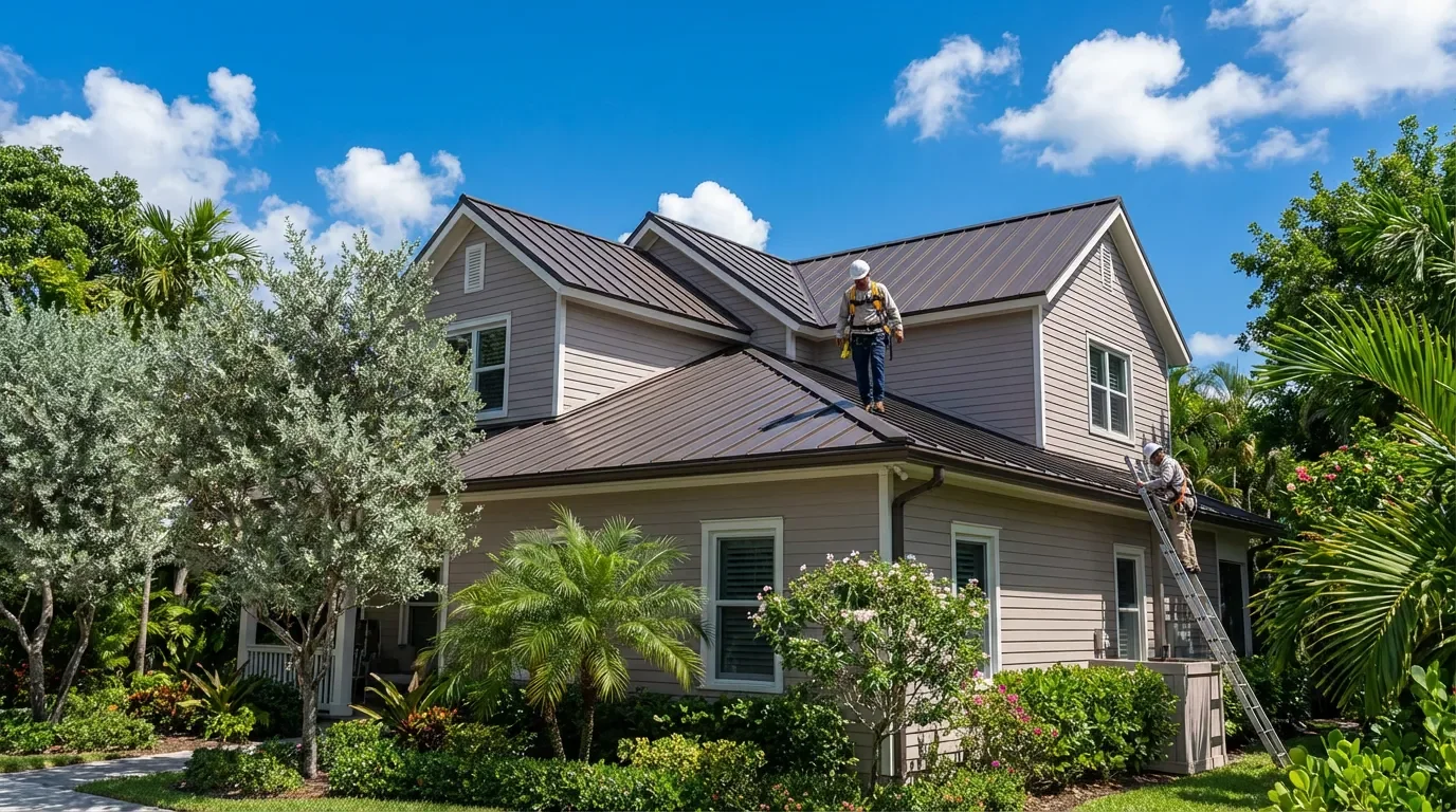 Homeowner reviewing a roofing contractor's Florida license and insurance certificate before signing a contract