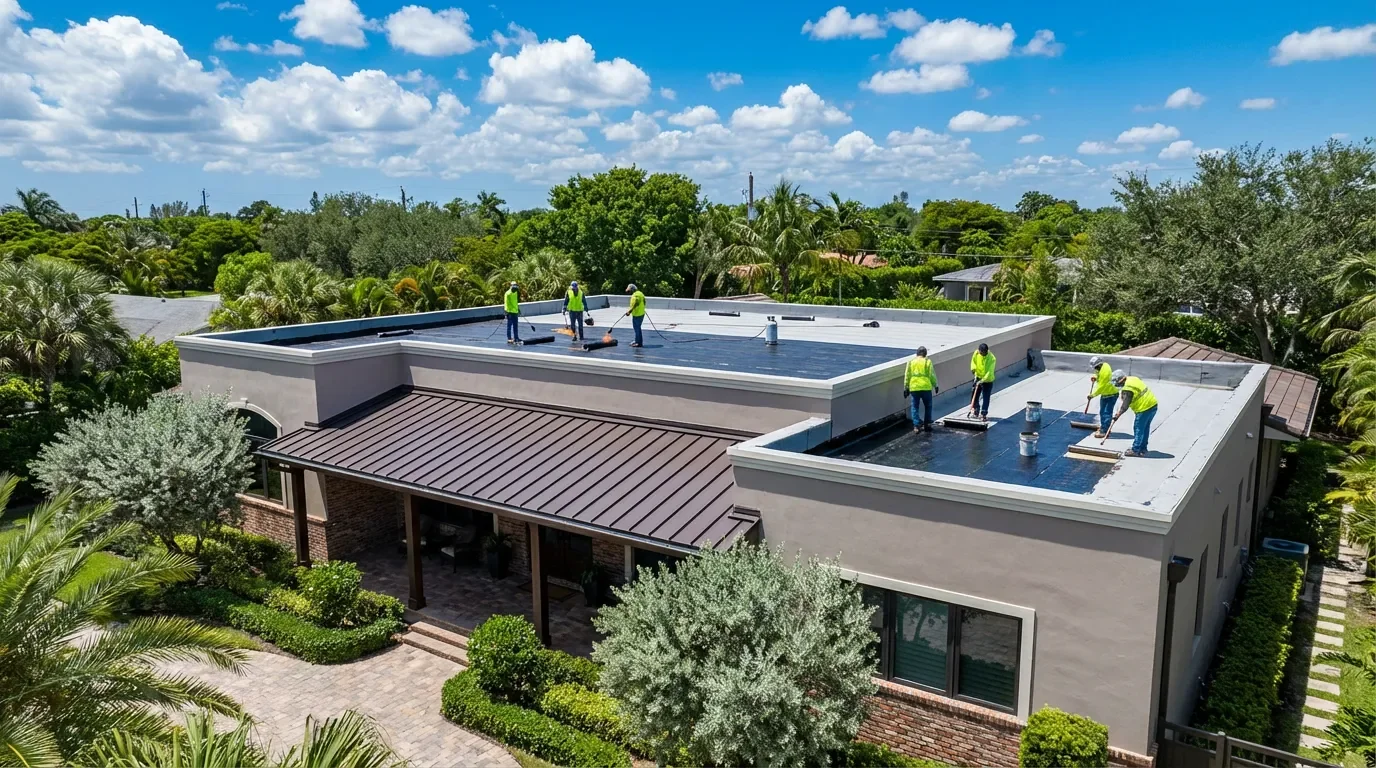 Torch-down modified bitumen roofing installation on a South Florida flat roof
