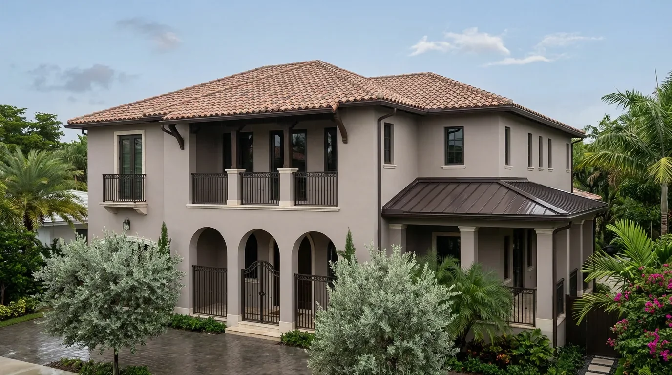 Side-by-side comparison of concrete tile, standing-seam metal, and asphalt shingle roofing materials on South Florida homes