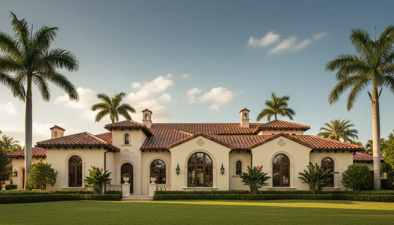 Mediterranean-style South Florida home with palm trees