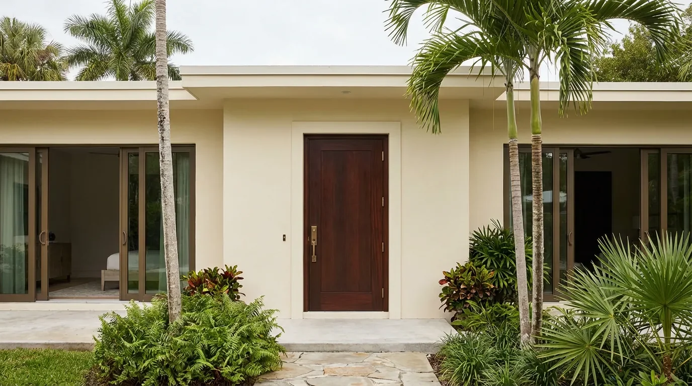 South Florida home with a dark wood impact entry door