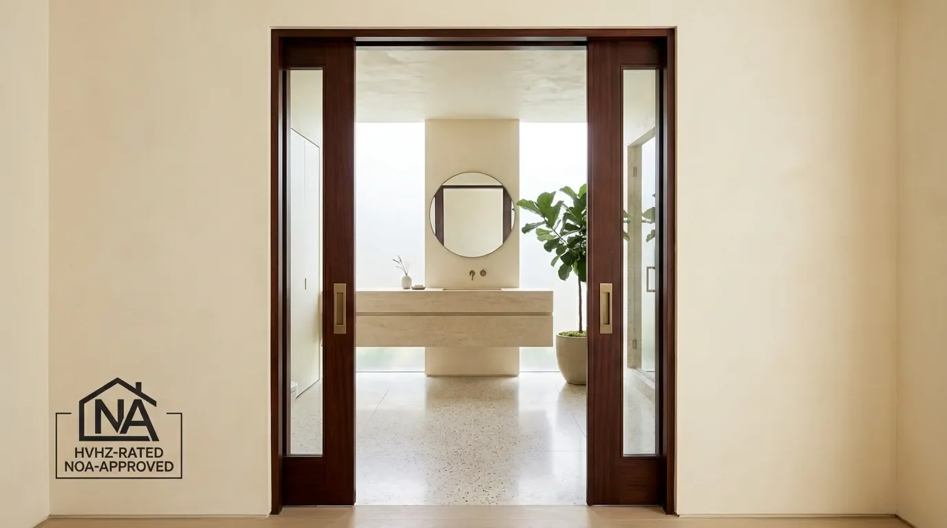 Tall French-style impact doors with an HVHZ-rated, NOA-approved badge