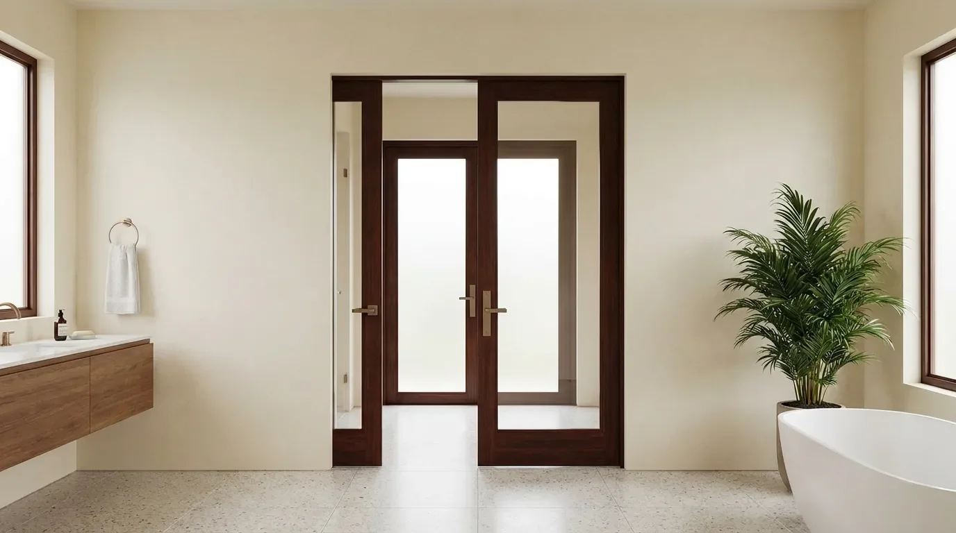 Dark-framed French doors with frosted glass in a bright room