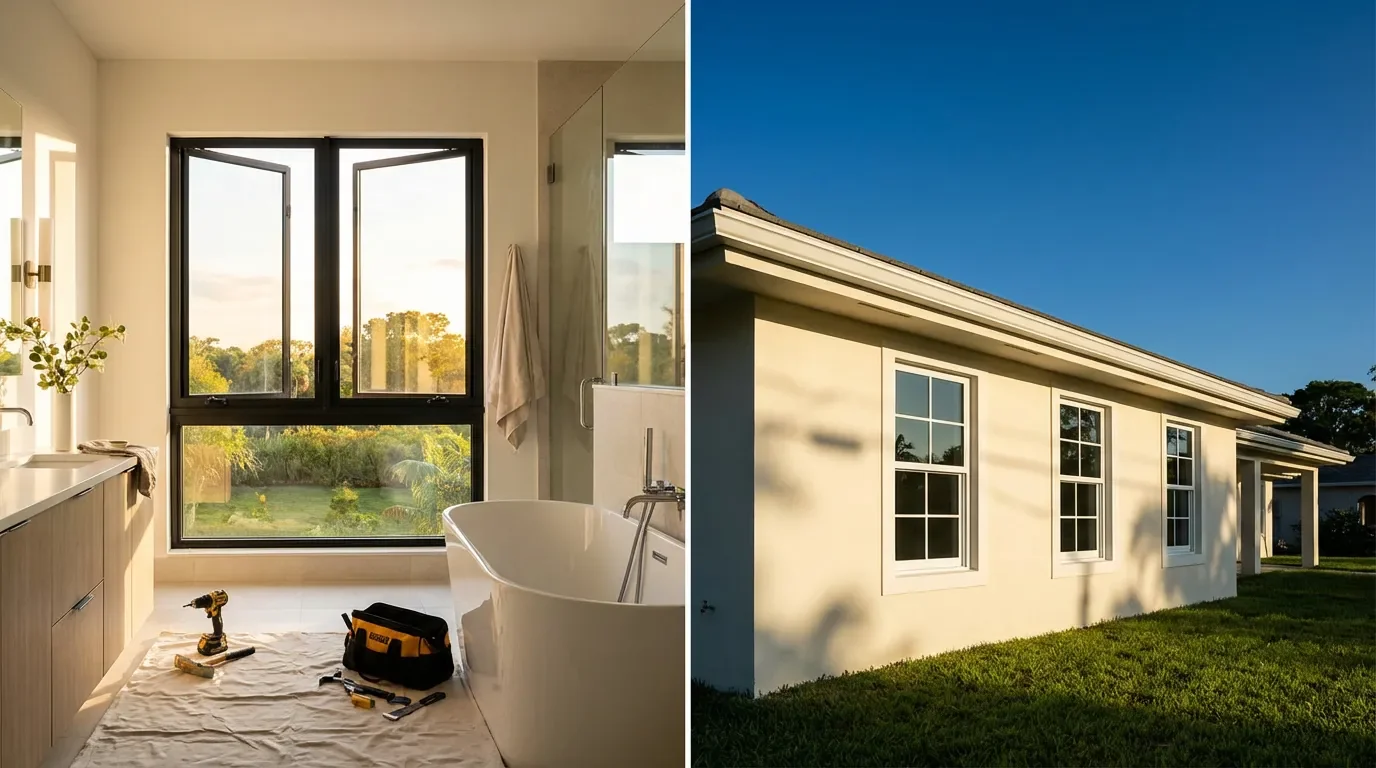Impact windows seen from inside and outside a South Florida home