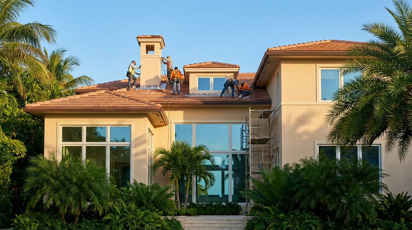 Roofing crew working on the tile roof of a South Florida home