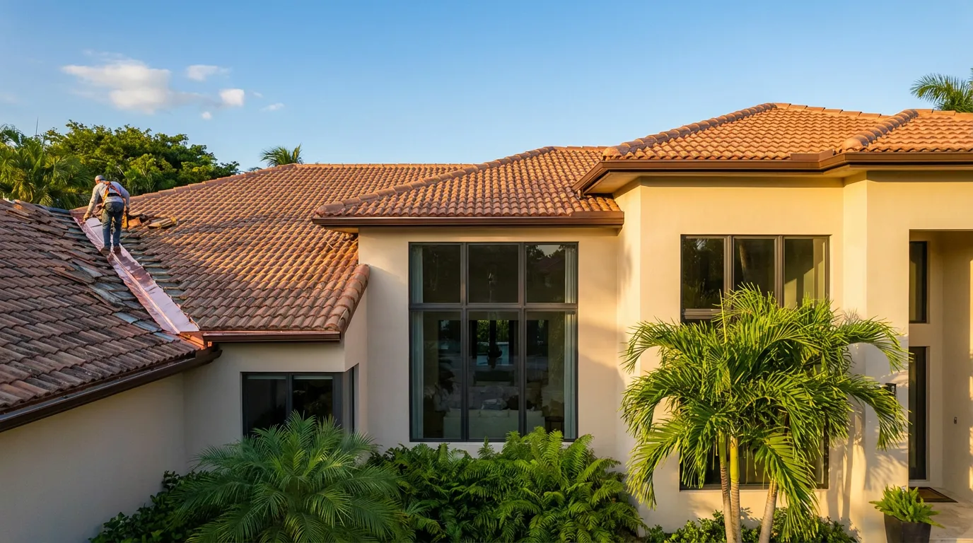 Roofer repairing a tile roof on a two-story South Florida home