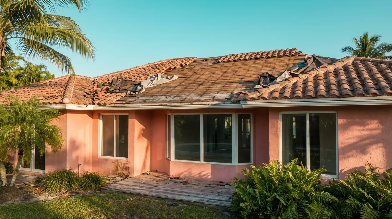 Tile roof being torn off a South Florida home before replacement