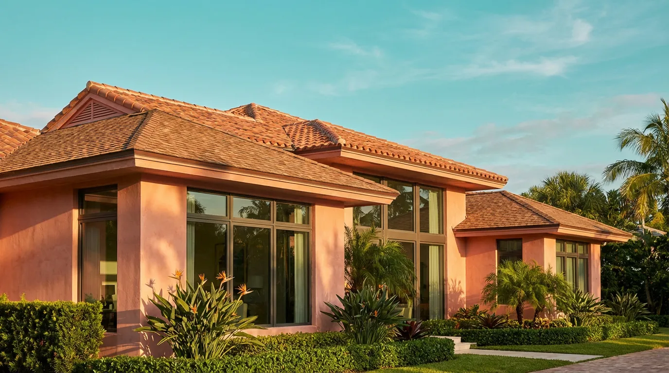 South Florida home with a new terracotta tile roof and palm trees