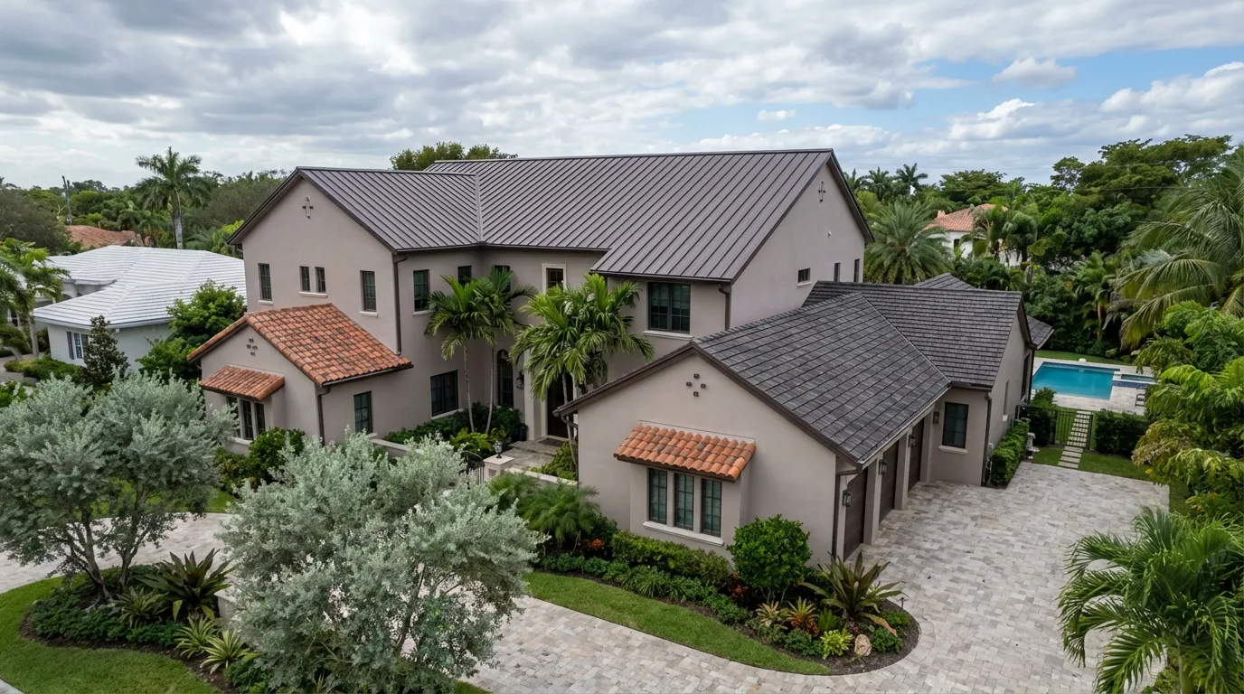 Aerial view of a South Florida home with a new shingle roof, palms, and a pool