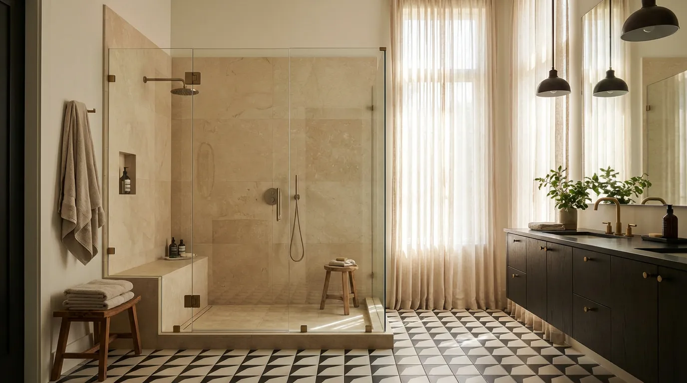Large-format porcelain and frameless glass tub-to-shower conversion, a clean finish