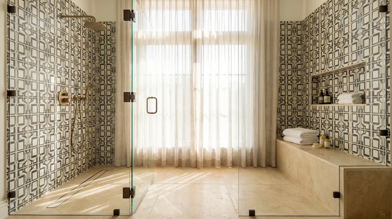 Curbless linear-drain shower conversion, accessible and modern