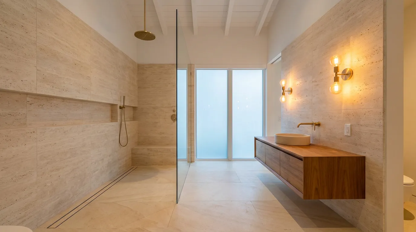 Curbless walk-in shower with linear drain and rainfall head, waterproofing membrane installation on shower walls