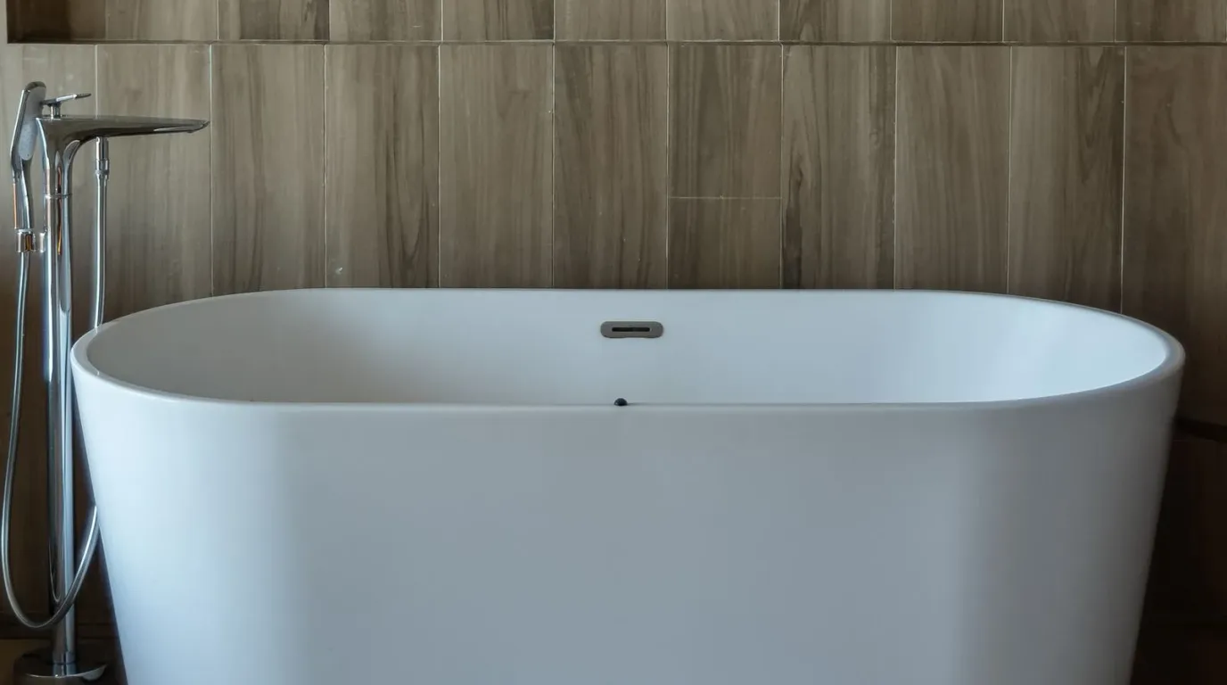 Elegant freestanding soaking tub against a wood-tile accent wall in a fully remodeled bathroom